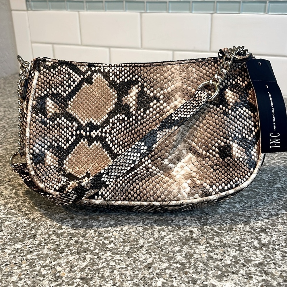 New INC snake skin pattern shoulder bag with gold chain accent